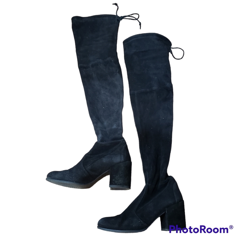 Stuart Weitzman Over The Knee Tie Boots Black Suede Leather Size 5